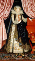 Elizabeth står på en anatoliska matta med stiliserade djurmotiv.  Larkin signerade inte sina verk och kallades draperimålaren innan hans identitet fastställdes.